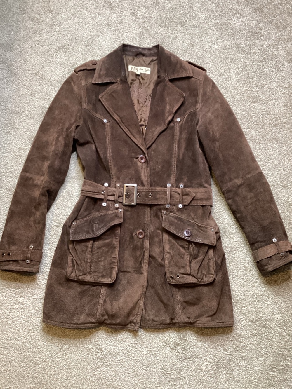 Vintage Tom Tailor Suede Leather Safari Coat Trench Lined Medium Brown Jacket